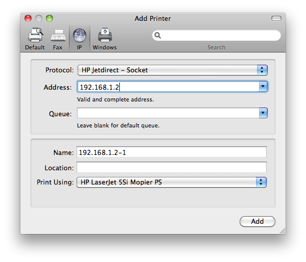 HP LaserJet 5si on Mac OS X setup screen